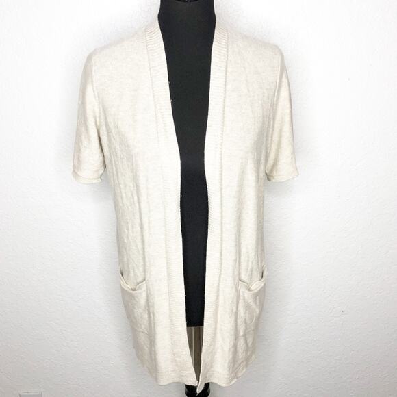 Eileen Fisher cream tan short sleeve open front wool blend cardigan size Large - Picture 1 of 13